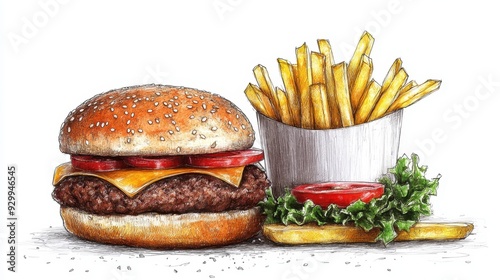Crayon illustration of Fast food ,hamburger, fries potatoes,cola soda,realistic render vector icon set,Flat design vector illustration. Fast food restaurant,Fast food menu,space for text.