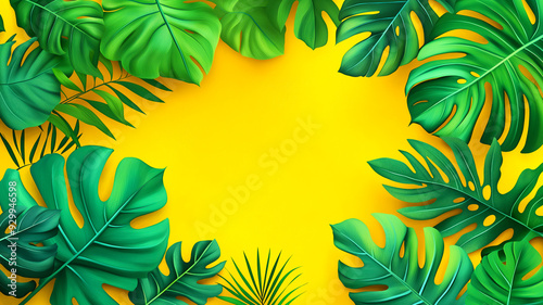 Summer sale banner template, tropical leaves on sand background. Green leaves are arranged symmetrically, creating natural frame with central negative or copy space that draws attention