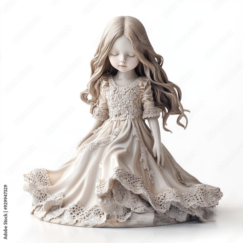 Fototapeta premium 3D porcelain figurine of a little girl in a vanilla lace fluttering dress, isolated, on a white background. A resource for creativity, a template, a decorative element for presentations of holiday dre