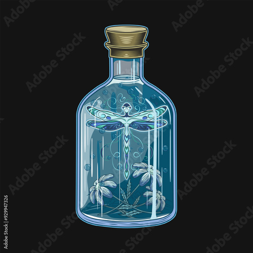 Magic bottle with blue poison, potion with fantasy pixie dragonfly, chamomile flowers inside. Halloween creepy illustration in vintage style