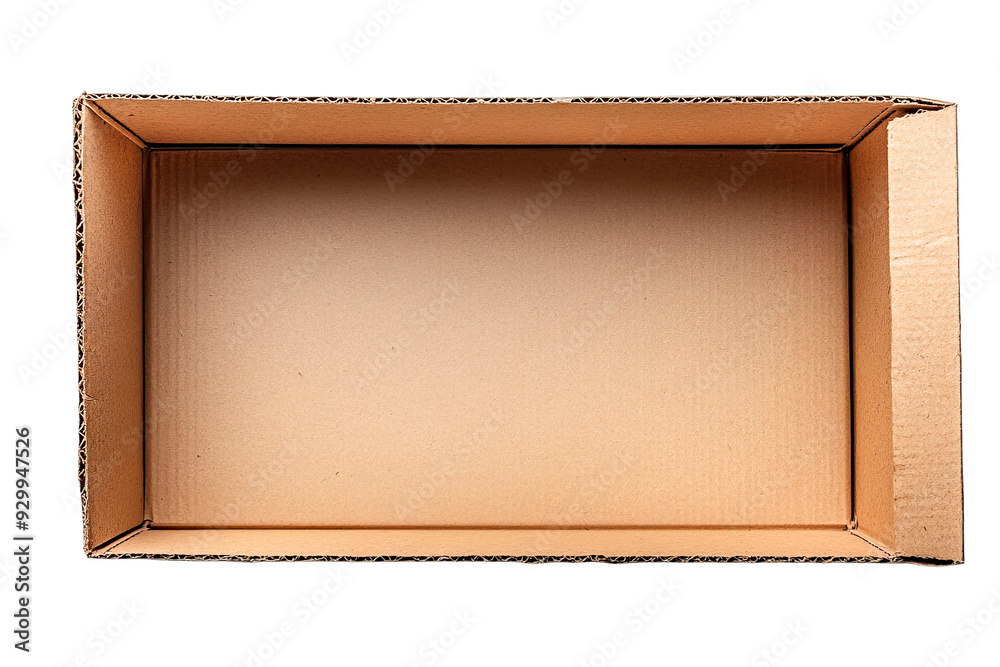 Fototapeta premium Open cardboard box on a white background, showcasing the interior and flaps, suitable for moving, shipping, or storage concepts. Ideal for businesses related to logistics, e-commerce, and home organiz