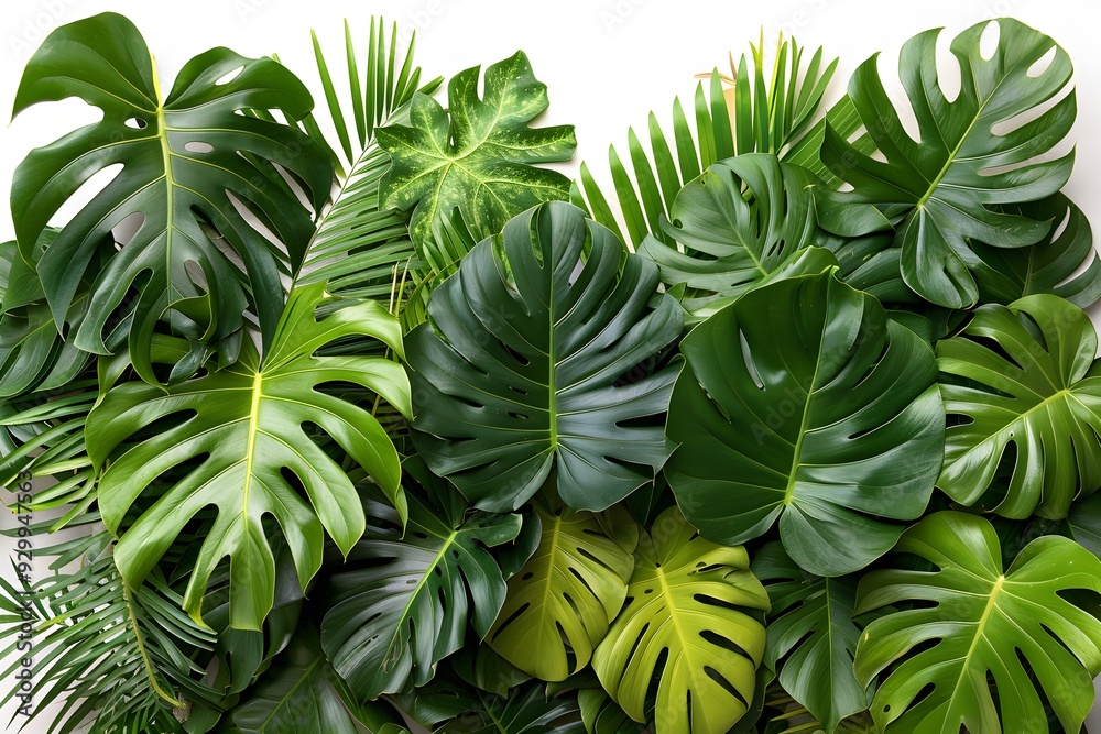 Fototapeta premium Tropical Greenery Background: Lush Monstera and Palm Leaves for Natural Decor and Design Projects