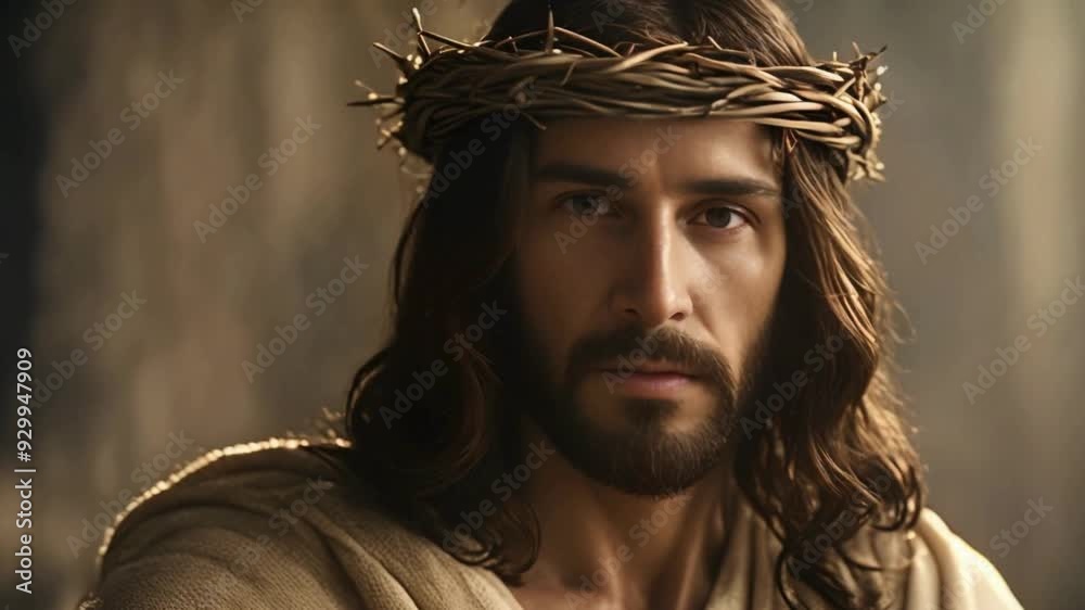 Portrait of Jesus Wearing a Crown of Thorns, Depicting Religious Symbolism Portrait of Jesus Wearing a Crown of Thorns, Depicting Religious Symbolism