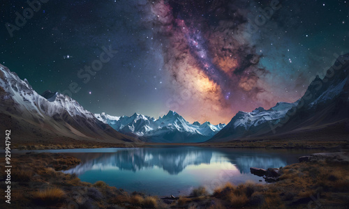 Digitally Created Landscape Breathtaking Mountainous Terrain with Nebula and Reflective Lake. photo