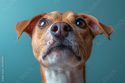 Close-up Portrait of a Curious Brown Dog with Blue Background - Perfect for Animal-Themed Design or Print