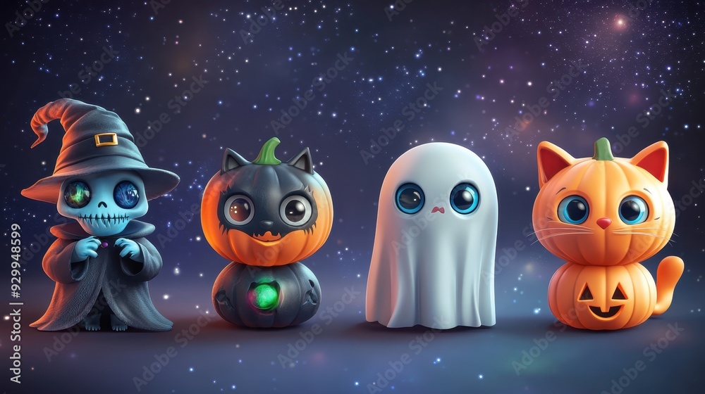 Obraz premium Characters for Halloween,ghost, witch,pumpkin and black cat, party costume character collection,banner horror vector set design,kids party mascot collection,trick or treat,sale october season.