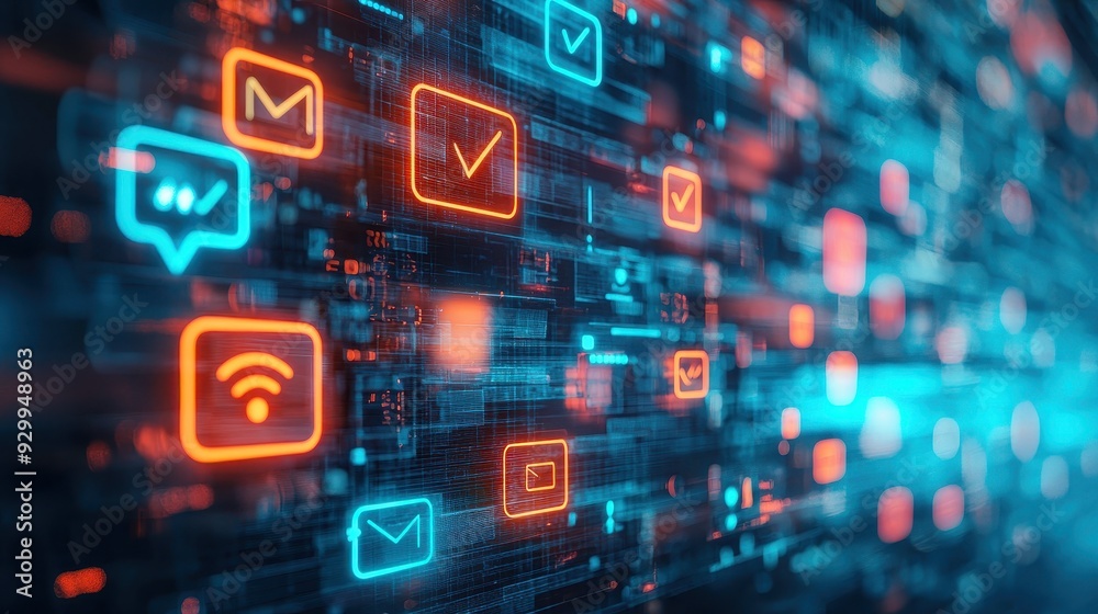 Digital Interface with Glowing Icons