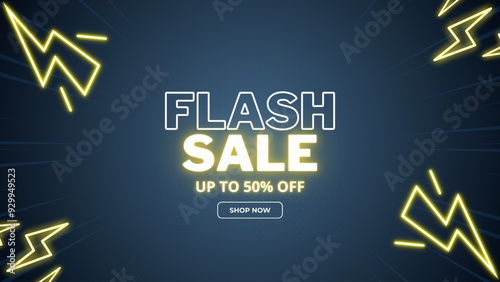 3d flash sale banner on blue background. Flash podium, neon, battery power show, glowing electric lightning. Shop promotion background. Vector cyber design for presentation