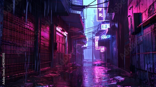 A neon-lit alley in a cyberpunk city, with rain-soaked streets photo