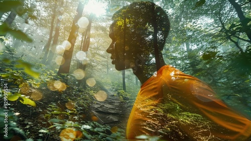 A sportsman running through a forest, capturing nature and fitness (focus on, trail running theme, dynamic, overlay, forest trail backdrop)