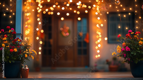 A beautifully decorated home entrance during Diwali, with vibrant string lights and bokeh effects highlighting the festive ambiance photo