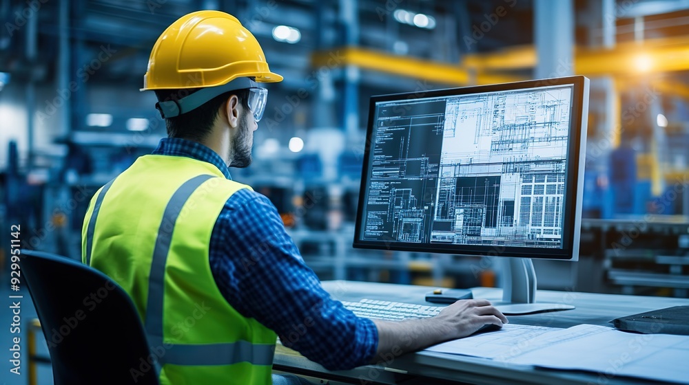 Engineer in Factory Setting Reviewing Complex CAD Designs on Desktop Computer