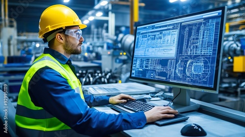 Engineer at Workstation Developing Technical Plans with CAD Software Industrial Facility