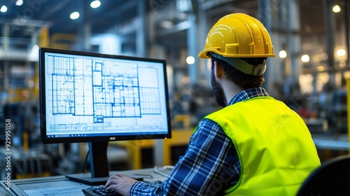 Industrial Engineer Finalizing Technical Blueprints with CAD Software on Computer Monitor 