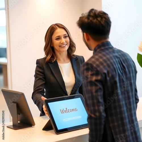 A receptionist greeting a visitor, with a guest sign-in tablet on the desk