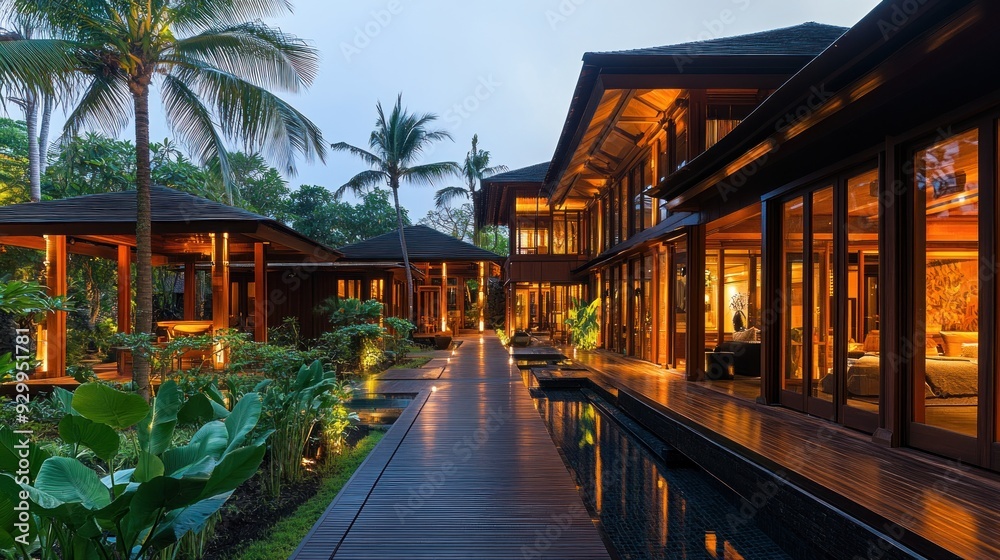 A pathway leading to a luxury home with a pool and tropical landscaping at dusk. A pathway leading to a luxury home with a pool and tropical landscaping at dusk.