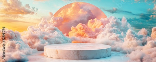 Dreamy Marble Podium in Cloud Heaven: A pristine marble podium stands majestically amidst a surreal dreamscape of fluffy clouds, bathed in warm, ethereal light. A perfect backdrop for showcasing produ photo