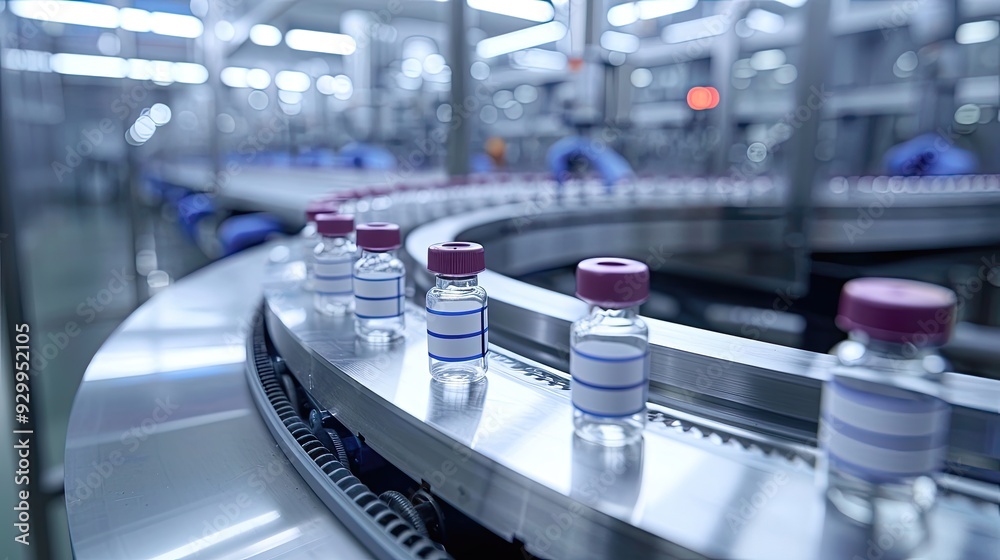 Fototapeta premium A conveyor belt with bottles of medicine on it