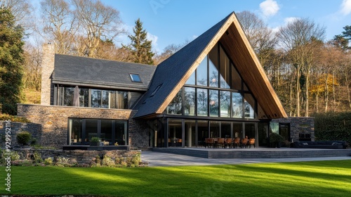 Modern home with a large window wall and stone exterior.