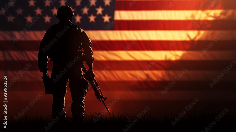 Obraz premium Silhouetted soldier standing proud in front of an American flag at sunset, symbolizing bravery and patriotism.