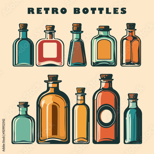 Set of retro glass bottles. Flat vector style.