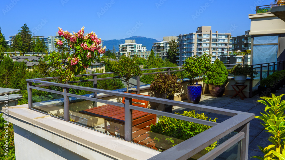 Obraz premium UniverCity Highlands, BC, aerial summer cityscape as seen from a neighborhood patio garden.