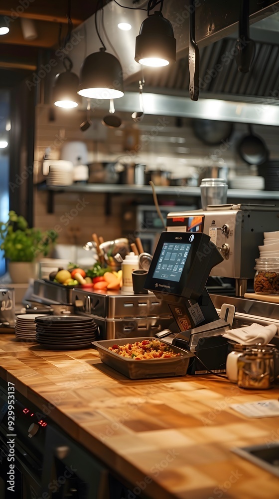 Restaurant Kitchen Counter with Food and Cash Register.