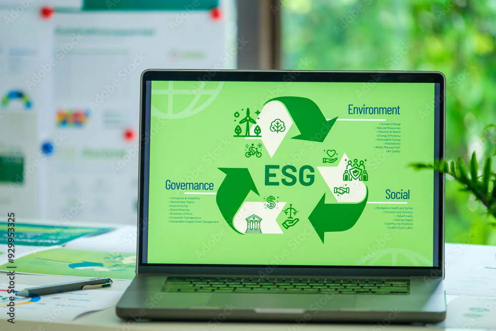 ESG ( environment, social,governance) recycle sign on laptop screen ...