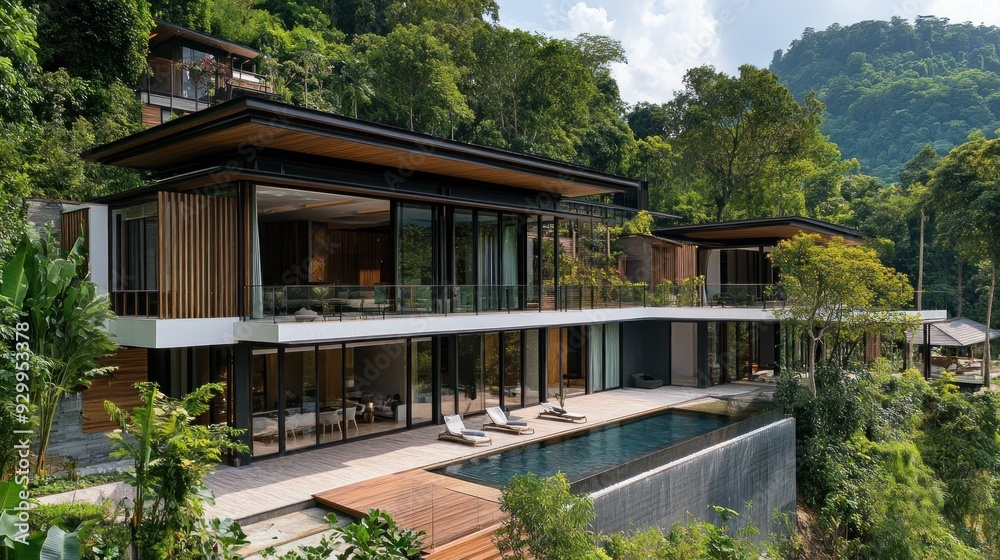Modern villa with infinity pool overlooking lush green mountains and a patio with lounge chairs. Modern villa with infinity pool overlooking lush green mountains and a patio with lounge chairs.