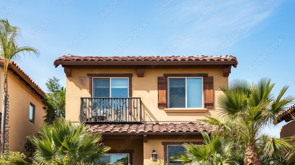 Fototapeta premium A tan stucco house with a balcony and windows, surrounded by palm trees, against a blue sky.