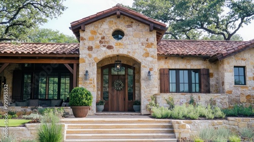 A stone house with a wooden door, a wreath on the door, and a stone walkway leading up to the house.