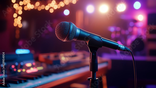 A microphone placed in an acoustically treated studio, with soft lighting and high end gear.