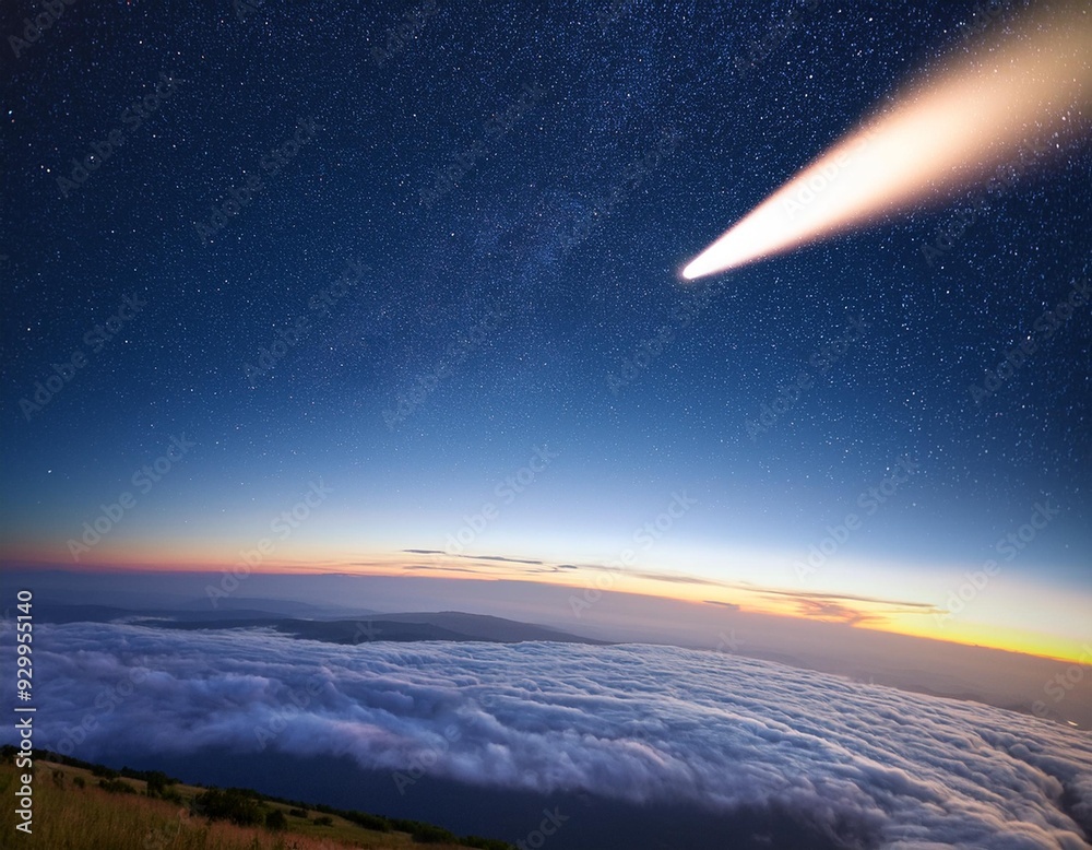 雲海の上に浮かぶ彗星、夜明けの地球 雲海の上に浮かぶ彗星、夜明けの地球