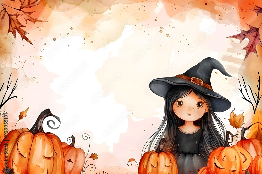 Cute cartoon witch with pumpkin frame border on background in watercolor style Cute cartoon witch with pumpkin frame border on background in watercolor style