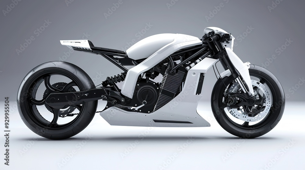 A white motorcycle with black wheels on a grey background. A white motorcycle with black wheels on a grey background.