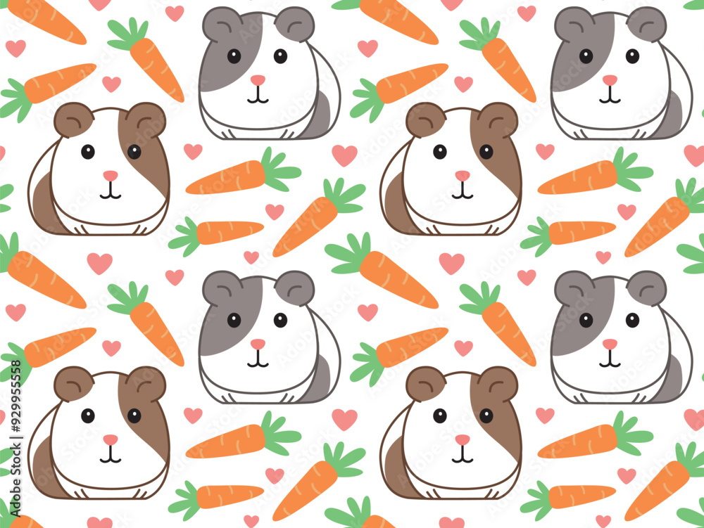 Obraz premium Seamless cartoon pattern with cute guinea pigs and carrots. Vector colorful backdrop in flat style 