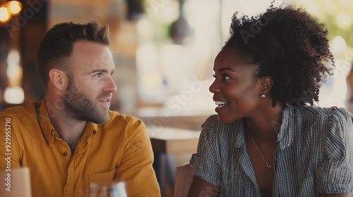 Young caucasian man talking with African American black woman at a cafe restaurant sitting at the table Multiethnic friendship Eating drinking together Date meeting Smiling people Couple in love photo