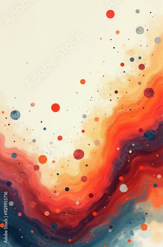 Abstract artwork featuring a vibrant blend of flowing colors and circular patterns. The composition evokes movement and energy, with warm tones transitioning into cool shades
