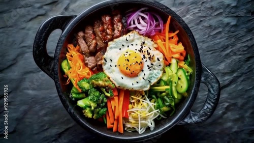 A vibrant and colorful top-down view of a single serving of bibimbap. The bowl overflows with a variety of colorful vegetables, including shredded carrots, cucumbers, and bean sprouts. A perfectly coo photo