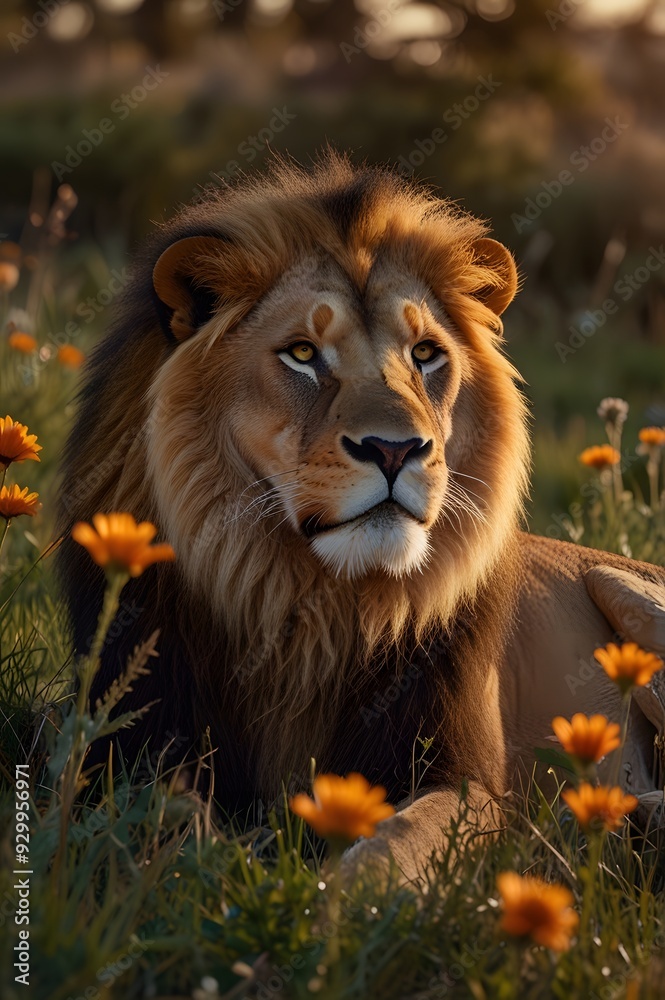 Obraz premium Lion in the flower field
