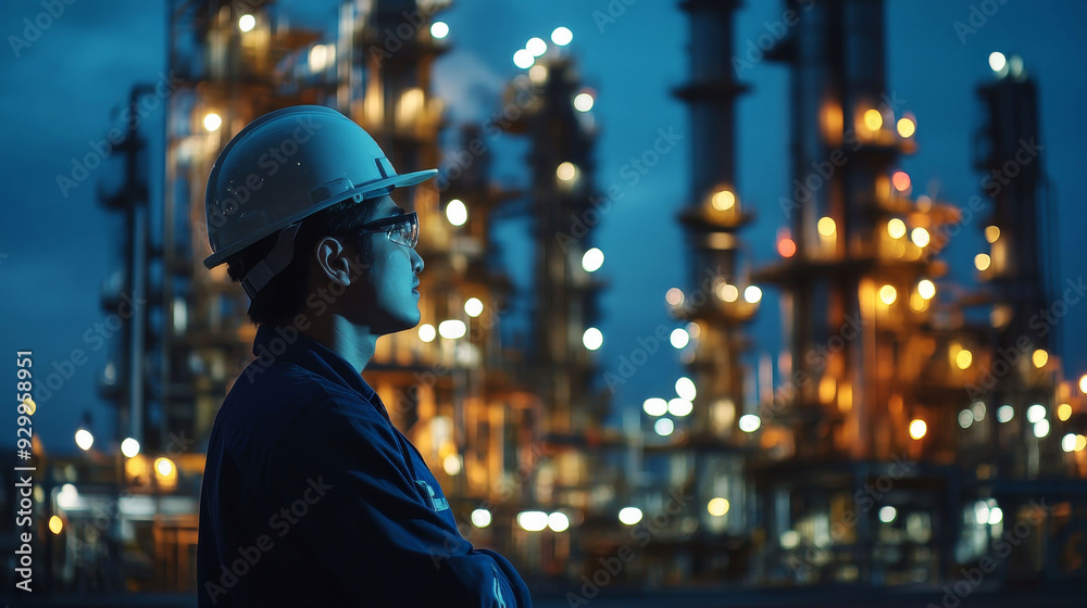 Engineer working night shift at oil and gas refinery plant Engineer working night shift at oil and gas refinery plant