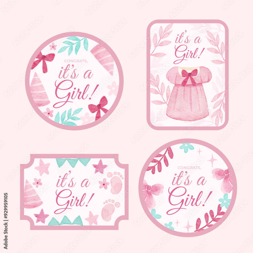 Pink Baby Girl Sticker Gender Reveal in Watercolor Style Pink Baby Girl Sticker Gender Reveal in Watercolor Style