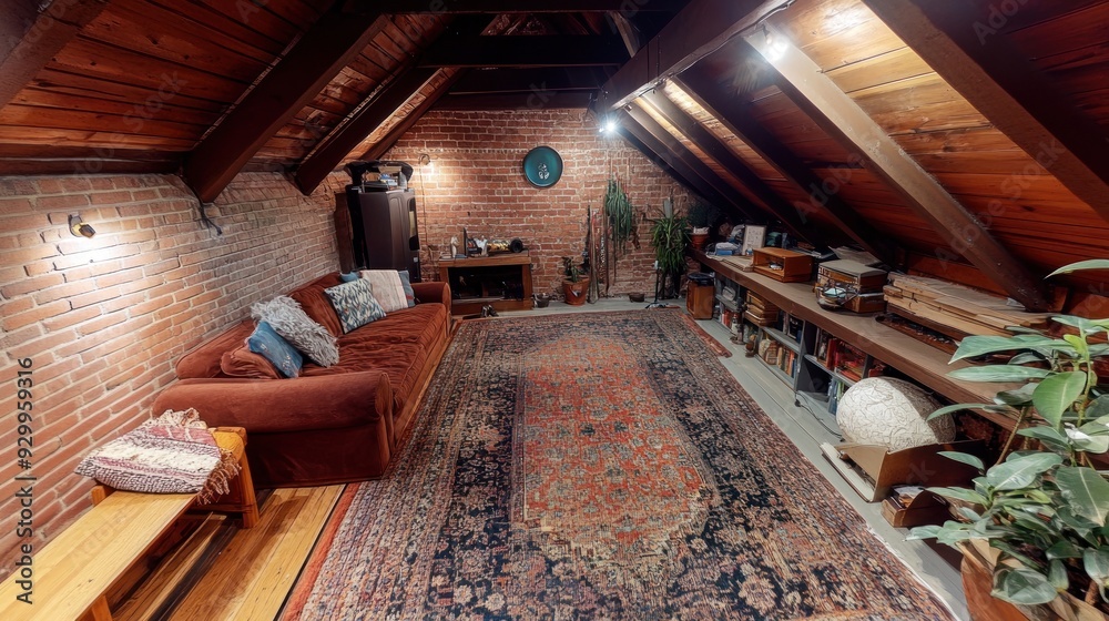 Cozy attic space with a plush couch, an oriental rug, and a bookshelf filled with books. Cozy attic space with a plush couch, an oriental rug, and a bookshelf filled with books.