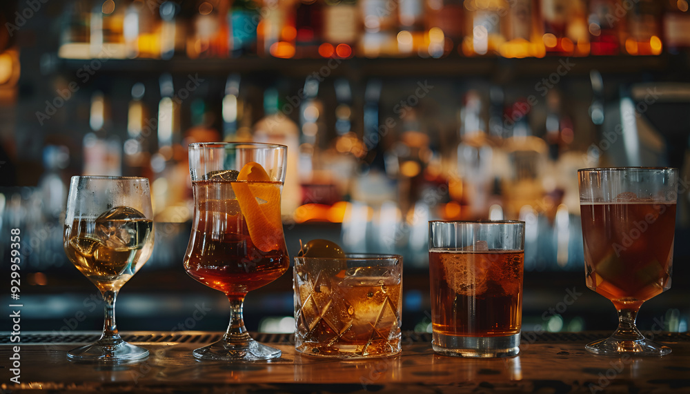 Assortment of hard strong alcoholic drinks and spirits in glasses on bar counter Assortment of hard strong alcoholic drinks and spirits in glasses on bar counter