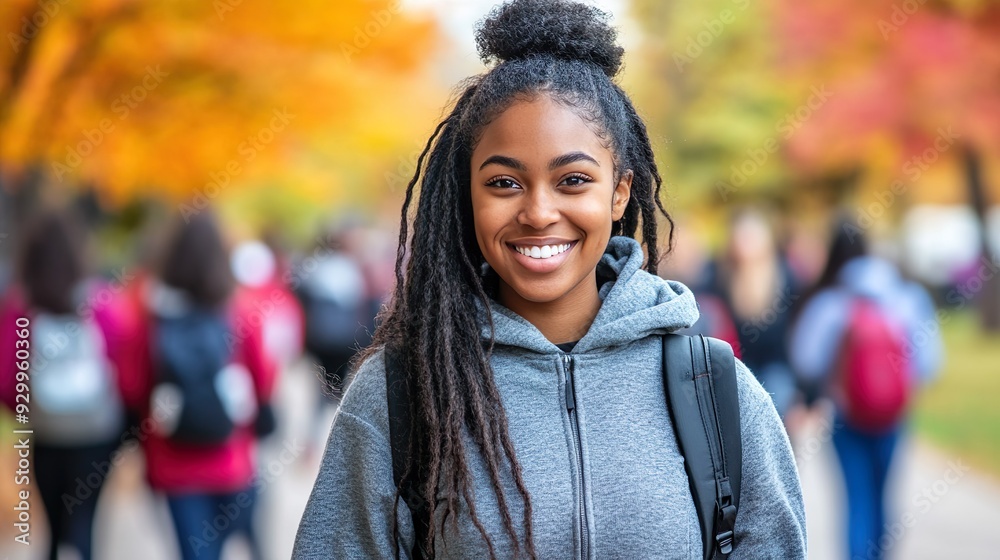 Fototapeta premium Smiling African American Female Student with Curly Hair Walking to Class