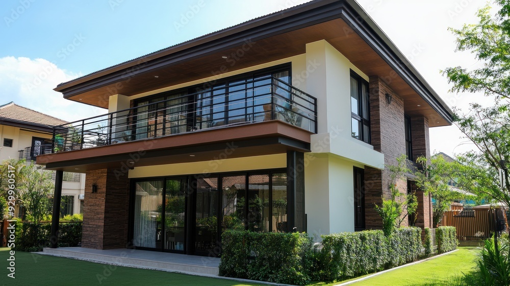 Modern home with a balcony overlooking a green lawn. Modern home with a balcony overlooking a green lawn.