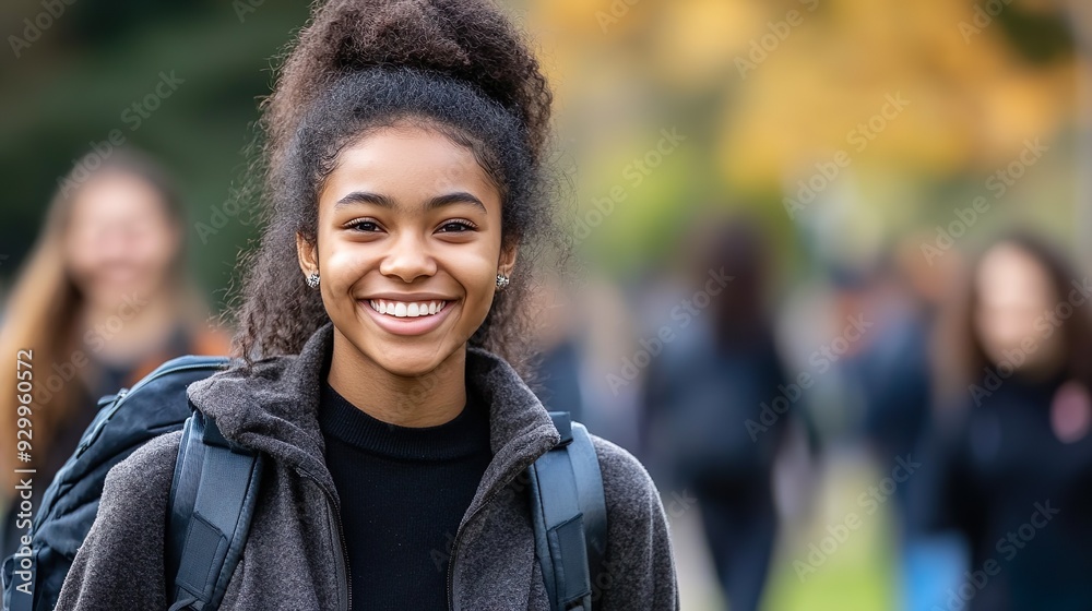 Smiling African American Student with Backpack Walking on Campus Pathway Smiling African American Student with Backpack Walking on Campus Pathway