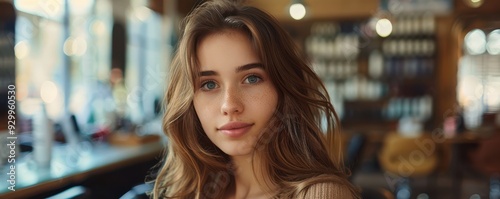 Young woman with long, shiny hair in an interior with lights.