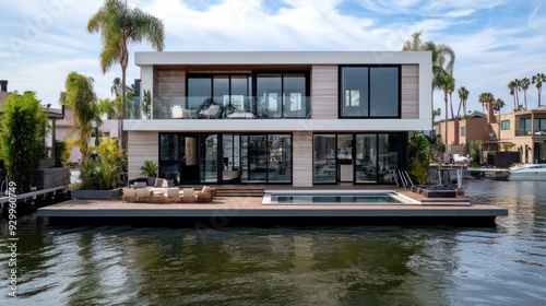 Modern house on the water with a pool and patio.