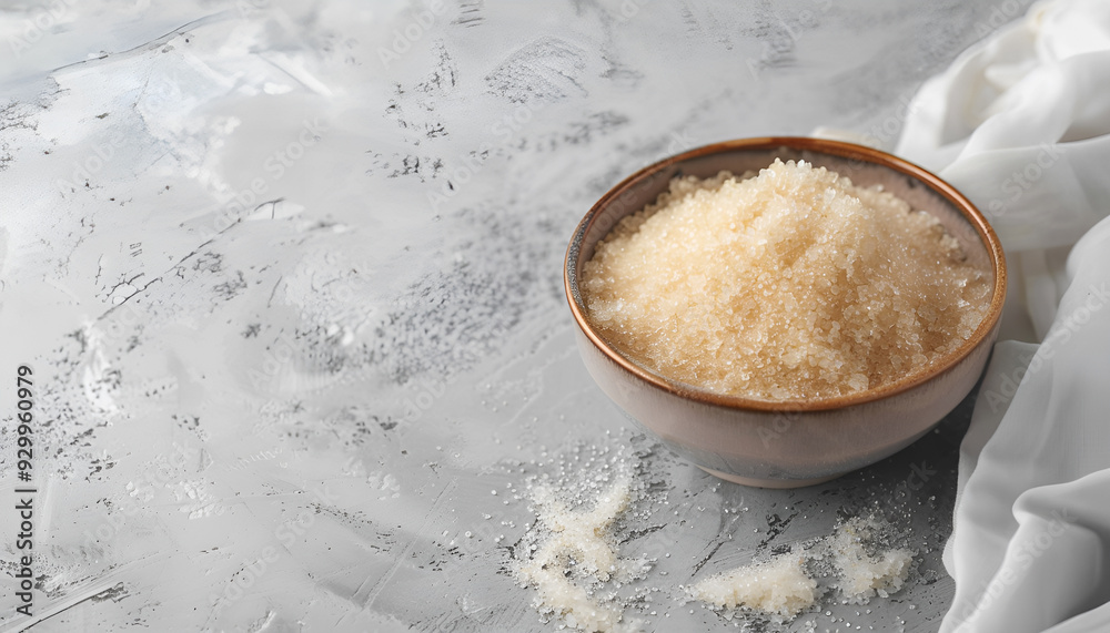 Bowl of sweet fructose powder on light grey table. Space for text